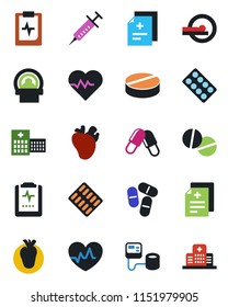 Color and black flat icon set - heart pulse vector, diagnosis, syringe, blood pressure, pills, blister, tomography, real, clipboard, hospital