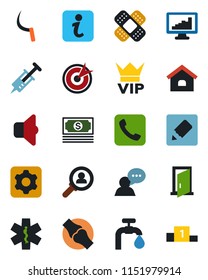 Color and black flat icon set - vip vector, sickle, syringe, patch, ambulance star, joint, cash, speaker, call, settings, notes, monitor statistics, house, water supply, sound, door, information