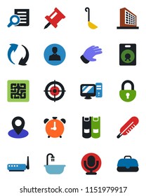 Color and black flat icon set - alarm clock vector, office building, book, document search, glove, thermometer, pin, microphone, speaker, update, user, lock, drawing, target, bathroom, ladle, chip