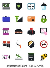 Color and black flat icon set - arrival vector, cafe, no smoking, case, desk, well, sickle, garden light, heart shield, cash, mail, lock, cellular signal, mailbox, plan, hamburger, home control app