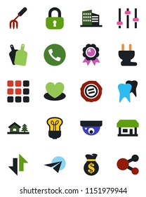 Color and black flat icon set - phone vector, medal, stamp, garden fork, heart, tooth, store, menu, tuning, data exchange, house with tree, office building, lock, cutting board, power plug, bulb