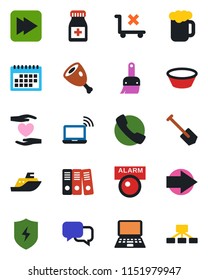 Color and black flat icon set - wireless notebook vector, right arrow, pc, job, pills bottle, heart hand, sea shipping, no trolley, dialog, fast forward, call, protect, themes, calendar, beer, ham
