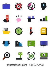 Color and black flat icon set - safe vector, case, document, brainstorm, circle chart, plant label, truck trailer, heavy scales, group, eye id, bar graph, folder, manager desk, tie, office building