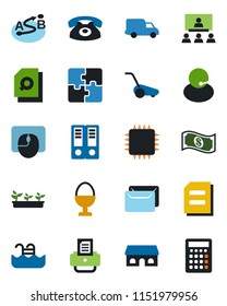 Color and black flat icon set - office binder vector, mouse, document, printer, lawn mower, seedling, support, car delivery, route, application, search, hierarchy, mail, pool, phone, egg stand, chip