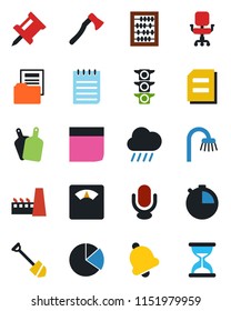 Color and black flat icon set - abacus vector, notepad, document, job, rain, axe, scales, traffic light, microphone, stopwatch, bell, drawing pin, pie graph, folder, office chair, blank box, factory