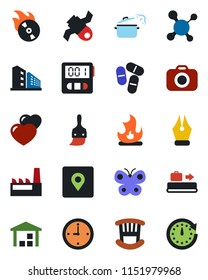 Color and black flat icon set - baggage conveyor vector, butterfly, fire, molecule, pills, satellite, warehouse, flame disk, camera, heart, themes, stopwatch, place tag, clock, ink pen, factory