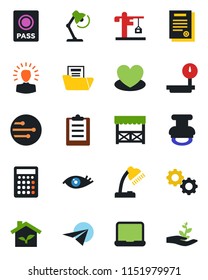 Color and black flat icon set - passport vector, heart, eye, heavy scales, network, clipboard, document folder, desk lamp, notebook pc, contract, stamp, crane, alcove, eco house, gear, shining head