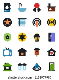 Color and black flat icon set - fireplace vector, bird house, tv, estate agent, bathroom, sweet home, fridge, smart, insurance, water heater, wireless, filter, outdoor lamp, jalousie, police, door