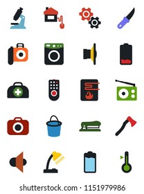 Color and black flat icon set - bucket vector, garden knife, axe, doctor case, microscope, camera, radio, speaker, battery, low, desk lamp, stapler, home control, remote, water heater, gear, washer