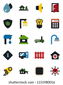 Color and black flat icon set - house vector, with garage, tree, water supply, bathroom, sweet home, chip, router, pc, radiator, bulb, outdoor lamp, sound, protect, sun panel, door, combination lock
