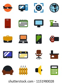 Color and black flat icon set - plane vector, airport building, office chair, notebook pc, fireplace, term, tv, video camera, cell phone, monitor, back, cushioned furniture, heater, sound, eye scan
