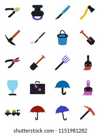 Color and black flat icon set - suitcase vector, umbrella, baggage larry, job, shovel, farm fork, bucket, pruner, axe, scalpel, fragile, themes, stamp, hard work