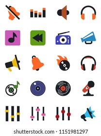 Color and black flat icon set - vinyl vector, flame disk, microphone, radio, speaker, loudspeaker, settings, equalizer, headphones, rewind, tuning, bell, mute, music, advertising