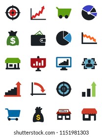 Color and black flat icon set - growth statistic vector, money bag, crisis graph, store, monitor statistics, pie, hr, target, wallet, cart, presentation, storefront