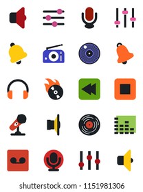 Color and black flat icon set - vinyl vector, flame disk, microphone, radio, speaker, settings, equalizer, headphones, stop button, rewind, tuning, bell, record, sound