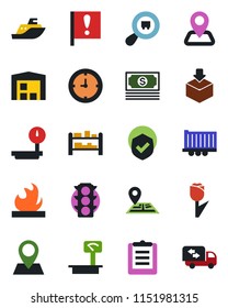 Color and black flat icon set - navigation vector, pin, important flag, cash, traffic light, sea shipping, truck trailer, clock, clipboard, tulip, package, shield, flammable, heavy scales, rack