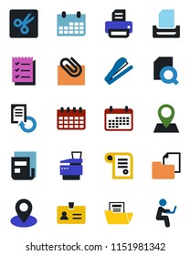 Color and black flat icon set - identity vector, calendar, document reload, printer, pin, folder, cut, paper clip, news, search, checklist, tray, copier, stapler, contract, man with notebook