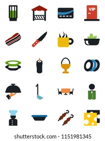 Color and black flat icon set - waiter vector, cook, drink, coffee, salad, plates, bacon, egg stand, candle, cafe table, vip zone, alcove, credit card, kebab, ladle, bowl, knife, cheese