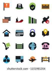 Color and black flat icon set - earth vector, important flag, plane, satellite, 24 hours, client, mobile tracking, sea shipping, cargo container, term, consolidated, warehouse storage, sorting, rack