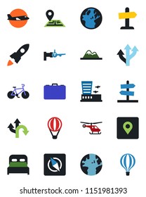 Color and black flat icon set - boarding vector, plane, helicopter, airport building, case, bike, route, navigation, earth, place tag, compass, mountains, bedroom, rocket, guidepost, air balloon