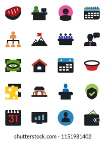 Color and black flat icon set - reception vector, hierarchy, meeting, manager place, statistic monitor, patient, term, shield, speaker, user, calendar, house, cafe building, steak, bowl, cheese