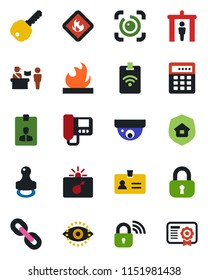 Color and black flat icon set - passport control vector, security gate, bomb in case, identity, card, flammable, chain, eye id, stamp, key, lock, estate insurance, wireless, intercome, combination