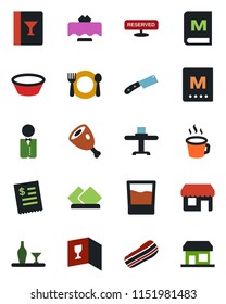 Color and black flat icon set - coffee vector, waiter, alcohol, restaurant table, cafe, wine card, menu, reserved, drink, bacon, receipt, ham, bowl, knife, serviette, storefront