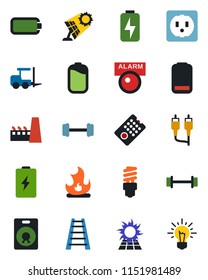 Color and black flat icon set - fork loader vector, ladder, fire, barbell, speaker, low battery, rca, charge, factory, socket, remote control, energy saving bulb, sun panel, alarm led, idea