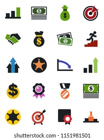 Color and black flat icon set - growth statistic vector, dollar sign, medal, cash, sertificate, bar graph, career ladder, police, target, arrow up, handshake, money bag, crisis, pedestal