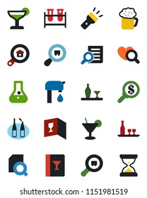 Color and black flat icon set - document search vector, blood test vial, heart diagnostic, ampoule, cargo, torch, water supply, estate, alcohol, wine card, cocktail, beer, money, flask, sand clock