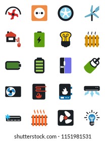 Color and black flat icon set - ripper vector, battery, rca, heater, air conditioner, fridge, home control, socket, fan, water, bulb, windmill, idea