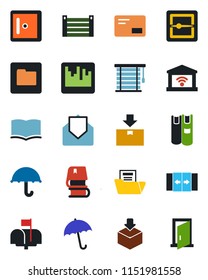 Color and black flat icon set - automatic door vector, umbrella, checkroom, book, container, package, mail, scanner, folder, document, mailbox, jalousie, garage gate control