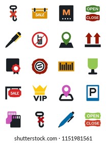Color and black flat icon set - parking vector, no mobile, vip, pen, stamp, navigation, pin, fragile, up side sign, hook, barcode, sd, sertificate, sale, menu, open close