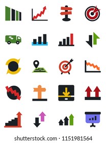 Color and black flat icon set - growth statistic vector, crisis graph, signpost, navigation, up side sign, sorting, data exchange, download, update, bar, moving, target, arrow, presentation