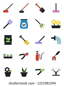 Color and black flat icon set - job vector, flower in pot, garden fork, farm, rake, seedling, watering, pruner, hoe, sprayer, fertilizer, irrigation