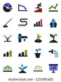 Color and black flat icon set - seedling vector, watering, sproute, hoe, greenhouse, drip irrigation, bar graph, pie, point, career ladder, arrow up, crisis, presentation