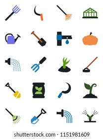 Color and black flat icon set - job vector, garden fork, shovel, farm, rake, watering can, sproute, hoe, sickle, pumpkin, greenhouse, fertilizer, drip irrigation