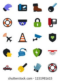 Color and black flat icon set - plane radar vector, alarm car, border cone, glove, boot, hose, heart shield, protect, key, lock, intercome, home, surveillance, sprinkler, crisis management