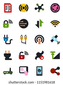 Color and black flat icon set - satellite vector, network, share, rca, sim, data exchange, cellular signal, wireless, power plug, lock, router, home control app, social media