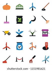 Color and black flat icon set - fence vector, garden fork, rake, wheelbarrow, well, hoe, sickle, plant label, pumpkin, greenhouse, fertilizer, windmill, irrigation