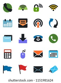 Color and black flat icon set - phone vector, mail, mouse, calendar, call, update, download, calculator, wireless, lock, flag