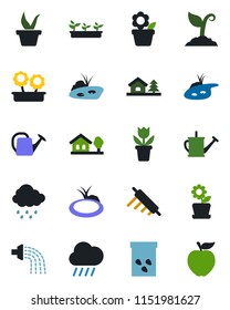 Color and black flat icon set - flower in pot vector, seedling, watering can, sproute, rain, seeds, pond, house with tree, rolling pin, apple fruit