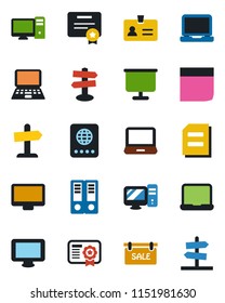 Color and black flat icon set - passport vector, identity, office binder, notebook pc, document, signpost, monitor, laptop, presentation board, blank box, sale, certificate, guidepost