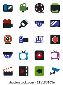 Color and black flat icon set - clapboard vector, film frame, reel, tv, video camera, rewind, rec button, hdmi, record, web, intercome, surveillance