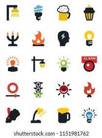 Color and black flat icon set - brainstorm vector, bulb, fire, garden light, traffic, brightness, desk lamp, beer, candle, smoke detector, energy saving, outdoor, alarm led, shining head, idea