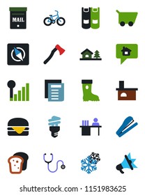 Color and black flat icon set - book vector, document, boot, axe, fireplace, stethoscope, bike, compass, cellular signal, manager desk, stapler, house with tree, mailbox, bread, hamburger, snowflake