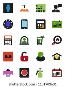 Color and black flat icon set - male vector, reception, garden sprayer, support, warehouse storage, equalizer, cell phone, speaker, mobile camera, calculator, record, calendar, estate search, lock