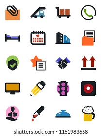 Color and black flat icon set - bed vector, ladder car, dropper, medical calendar, traffic light, client, cargo, up side sign, shield, monitor, favorites list, rec button, paper clip, pencil, phone