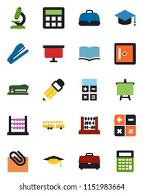 Color and black flat icon set - airport bus vector, checkroom, book, calculator, graduate, abacus, presentation board, microscope, case, paper clip, pencil, stapler