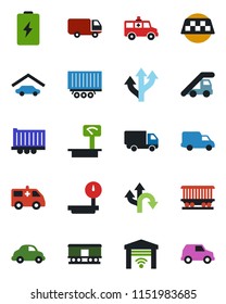 Color and black flat icon set - taxi vector, ladder car, ambulance, route, railroad, truck trailer, delivery, heavy scales, garage, gate control, battery